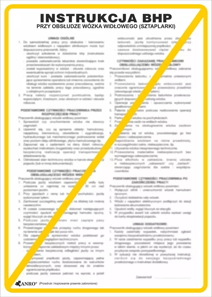 Plakat przedstawia instrukcję BHP dotyczącą obsługi wózka widłowego. Zawiera tekst podzielony na sekcje, opisujący zasady bezpiecznej pracy. Na górze znajduje się nagłówek 