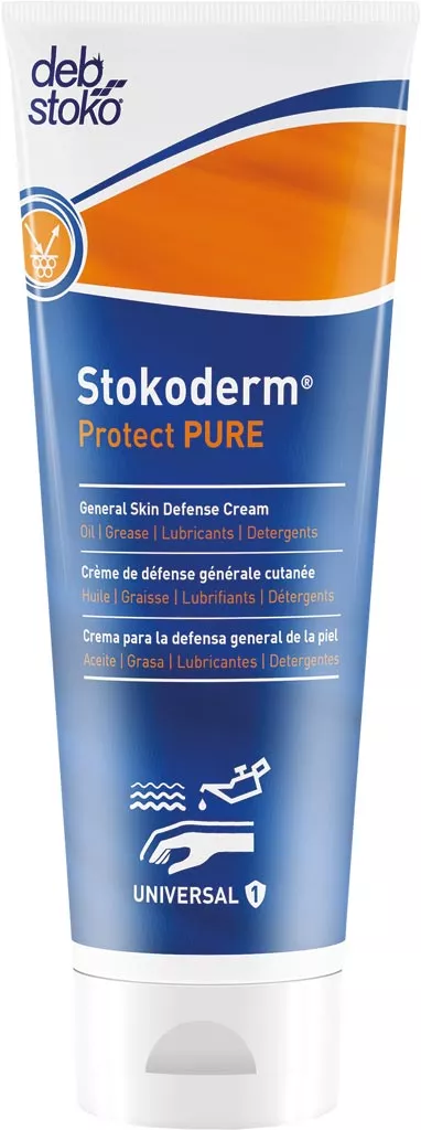 Opakowanie kremu do rąk Stokoderm Protect PURE w tubce. Kolorystyka: niebiesko-biała z pomarańczowym akcentem. Na opakowaniu znajdują się informacje o przeznaczeniu - ochronie skóry przed działaniem wody i substancji chemicznych.