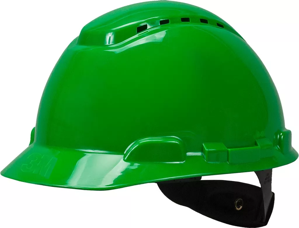 Hełm ochronny 3M H-700 w kolorze zielonym, wykonany z tworzywa HDPE, wyposażony w system wentylacji i regulowany pasek podbródkowy.