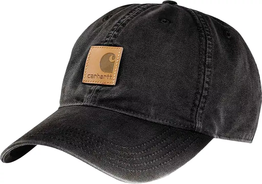 Czapka z daszkiem Carhartt Odessa Cap w kolorze czarnym, wykonana z przetartego materiału. Posiada regulowany pasek z tyłu i naszywkę z logo na przedniej części.