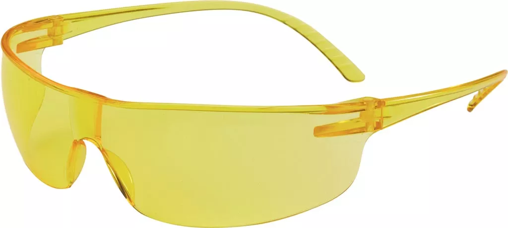 Okulary ochronne Honeywell SVP 200, żółte, z przezroczystymi, lekko zabarwionymi szkłami i cienkimi, żółtymi zausznikami.