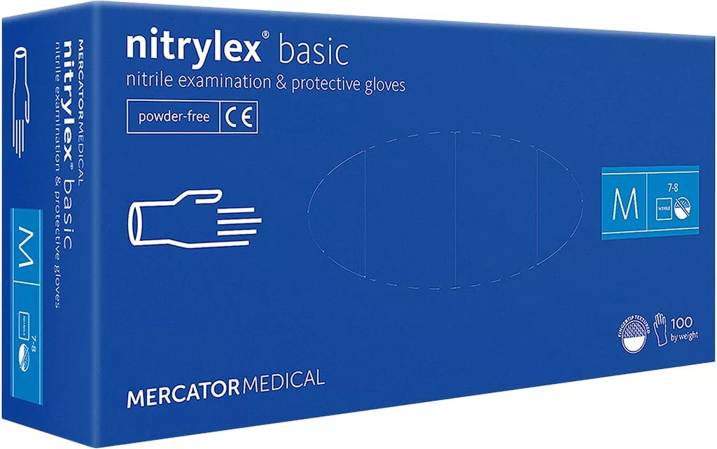 Niebieskie opakowanie rękawic nitrylowych Nitrylex® Basic, rozmiar M, zawiera 100 sztuk. Produkt bezpudrowy, medyczny.