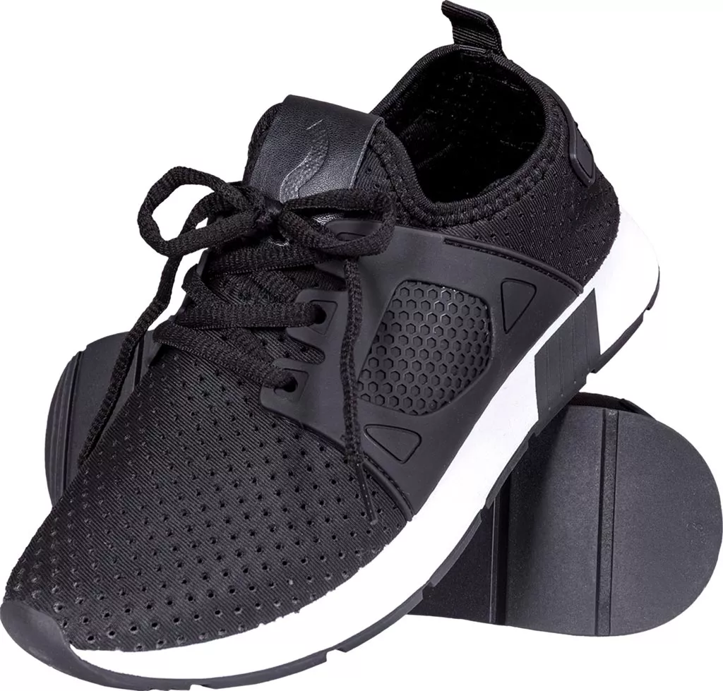 Damskie lekkie buty sportowe EMMA w kolorze czarnym, z perforowaną cholewką i siateczkowymi elementami. Podeszwa biała z czarnym spodem, sznurowane.