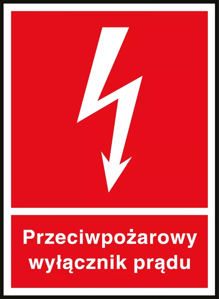 Czerwony znak bezpieczeństwa z białym piorunem wskazujący na przeciwpożarowy wyłącznik prądu.
