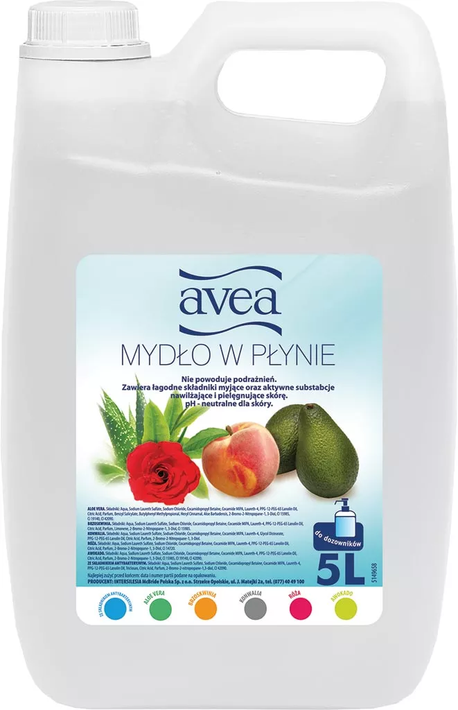 Opakowanie białe, 5 litrów, z grafiką zawierającą kwiaty i owoce, logo producenta 