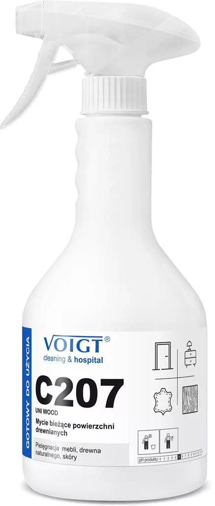 Środek do czyszczenia powierzchni drewnianych C207 UNI WOOD firmy Voigt, gotowy do użycia. Pojemność 500 ml, przeznaczony do delikatnego czyszczenia drewna.