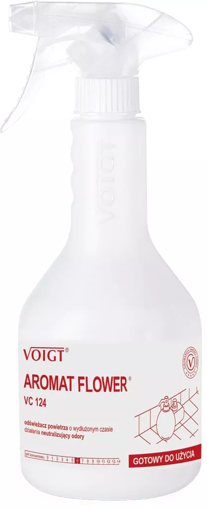 Odświeżacz powietrza Voigt AROMAT FLOWER VC 124 o zapachu kwiatowym, w białej butelce z rozpylaczem. Na etykiecie czerwone akcenty i informacja o ochronie biocidalnej.