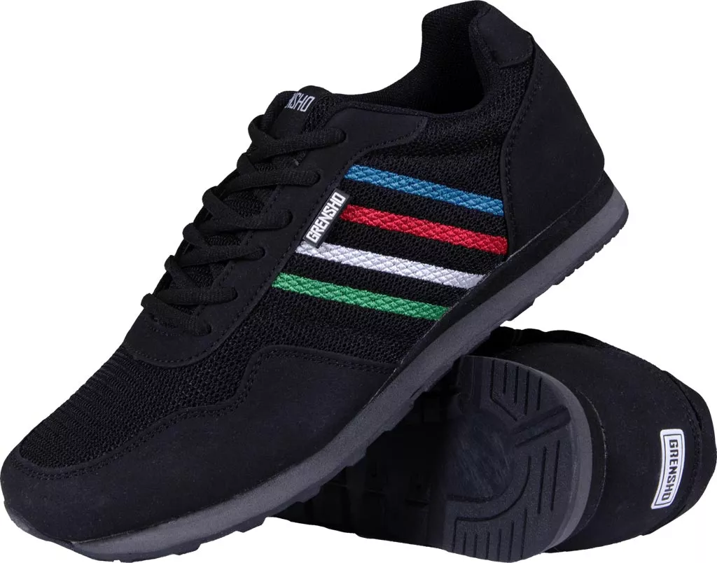 Czarne, lekkie buty sportowe uniseks DAILY z kolorowymi paskami po bokach. Podeszwa o dobrej przyczepności, sznurowane, wykonane z przewiewnego materiału. Idealne do codziennego użytku.