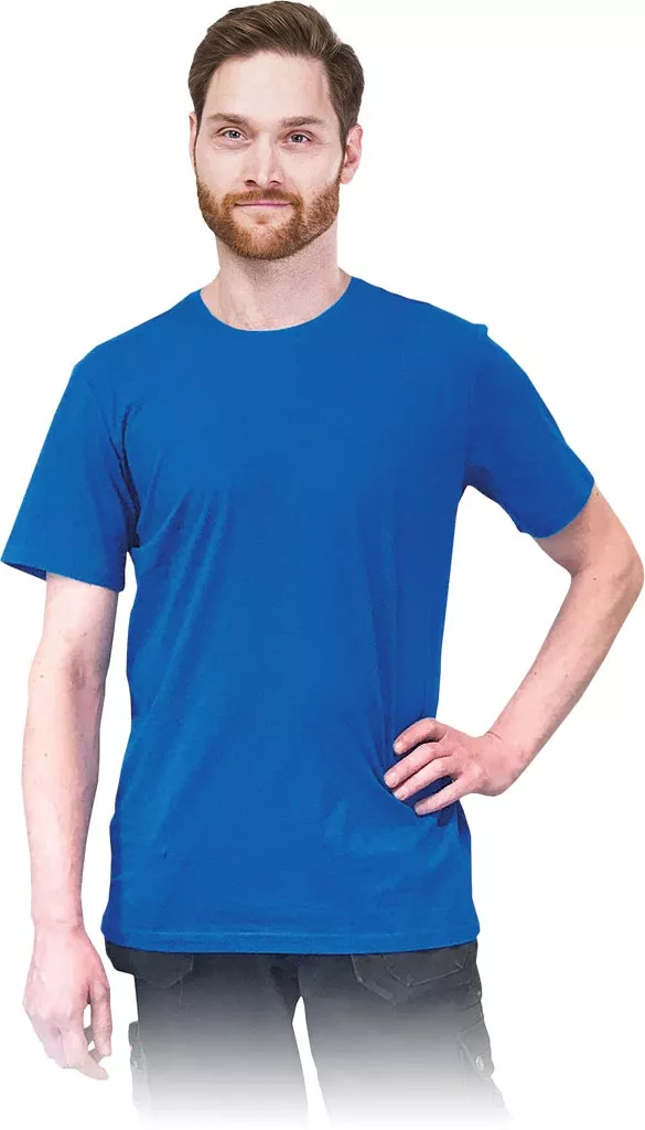Niebieska męska koszulka T-shirt o wydłużonym kroju LONG, z krótkim rękawem i klasycznym okrągłym dekoltem.