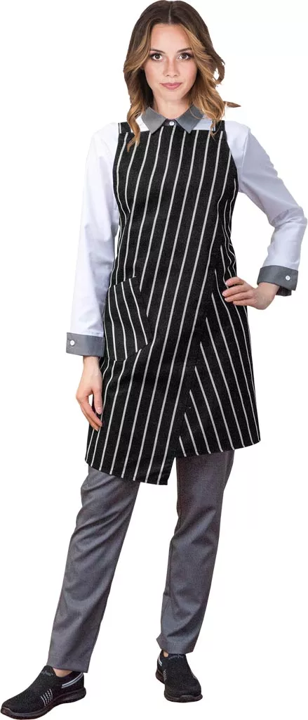 Fartuch ochronny gastronomiczny VOTRE w czarno-białe pionowe paski, wiązany z przodu. Model damski, zakrywa tułów i uda, idealny do pracy w kuchni.
