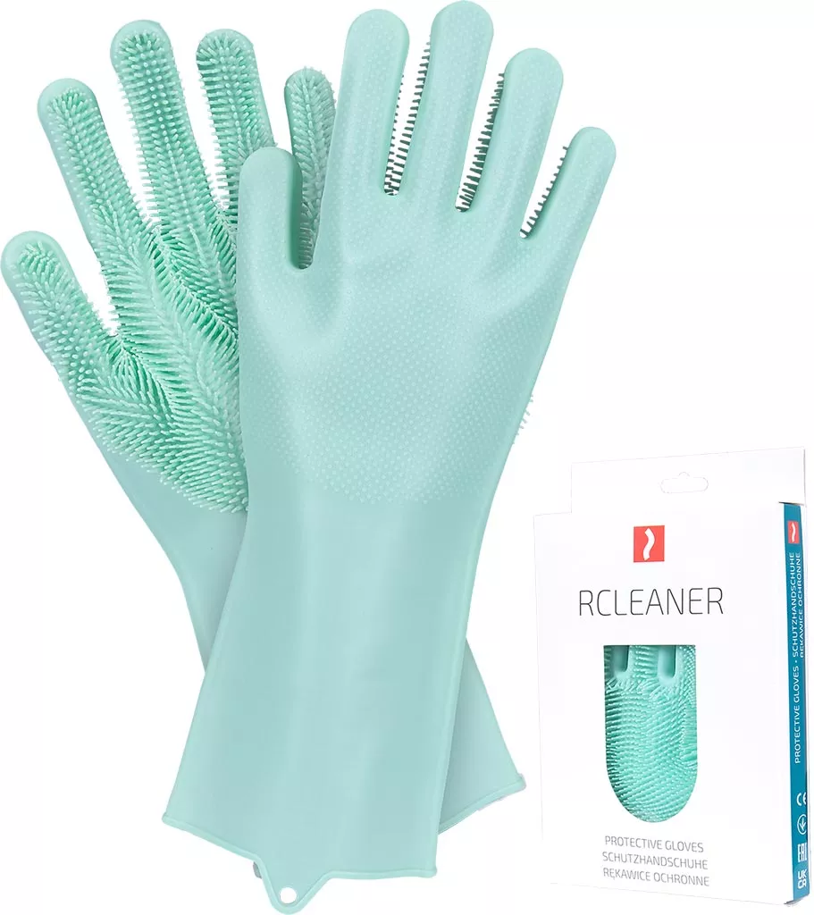 Rękawice silikonowe do czyszczenia RCLEANER w kolorze miętowym, z gumową powierzchnią ochronną i wypustkami na dłoniach dla lepszego chwytu. Idealne do mycia i sprzątania.
