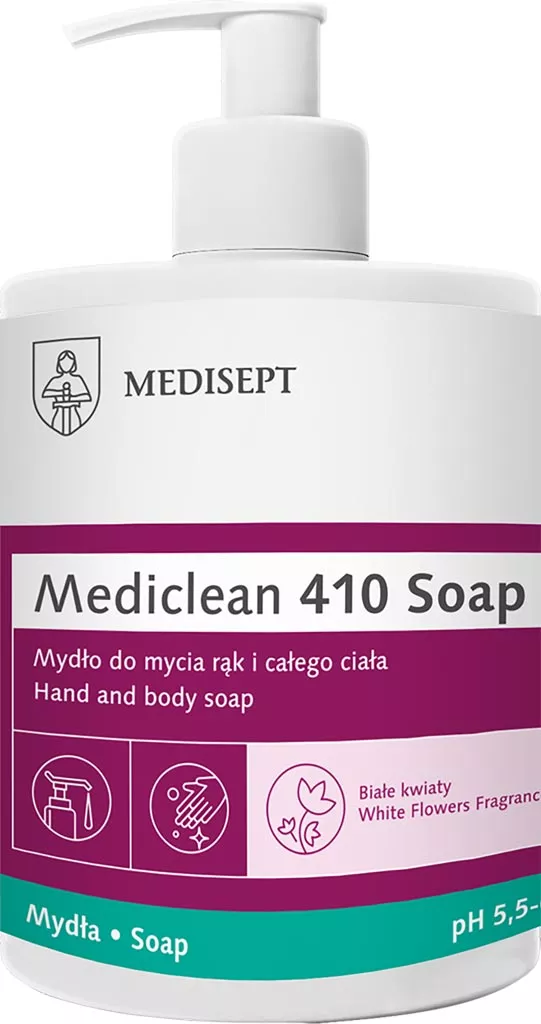 Mydło w płynie Mediclean 410 Soap do mycia rąk i całego ciała, o pH 3,5, bez parabenów i z delikatnym zapachem. Opakowanie z pompką do łatwego dozowania.