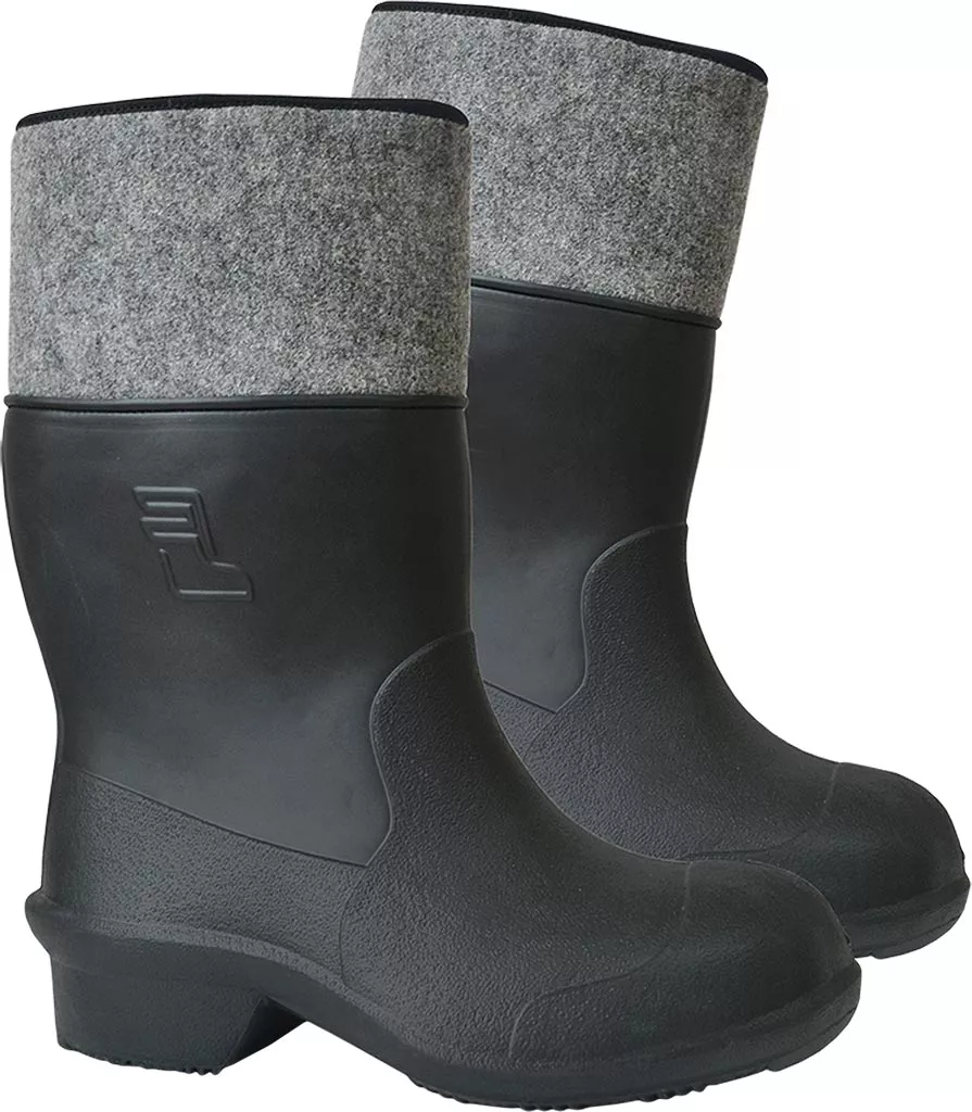 Buty filcowe, model 56201 GARDEN, o wysokim kroju, z czarnym dolnym częścią z gumy i szarym, filcowym wykończeniem na górze.
