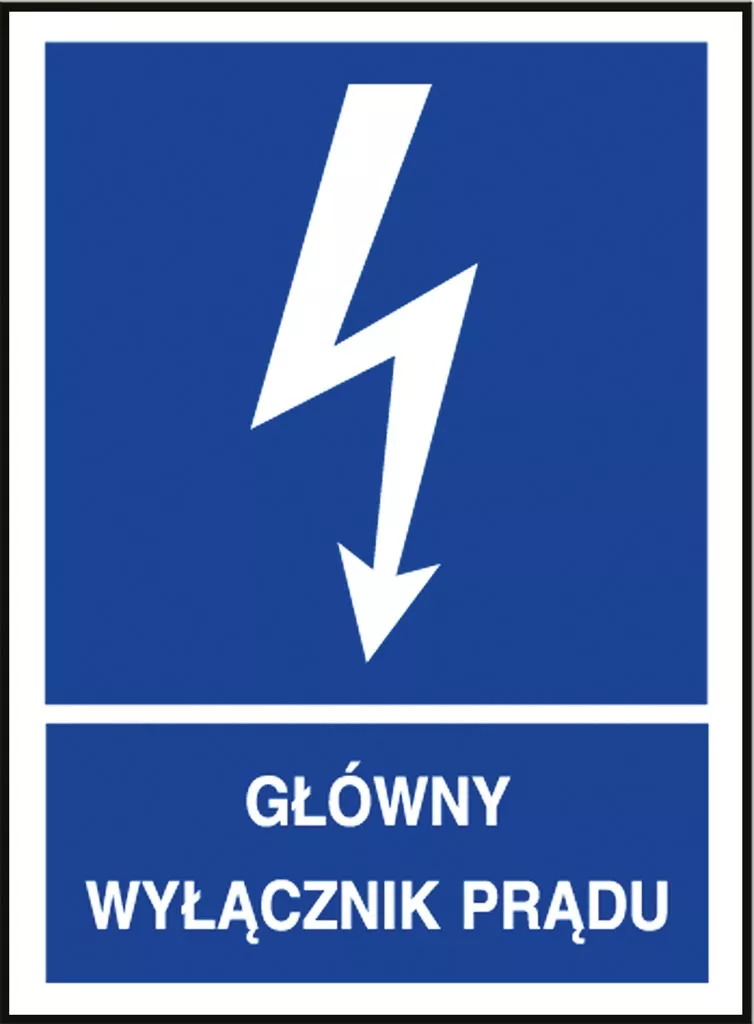 Znak bezpieczeństwa w kolorze niebieskim z białym symbolem pioruna i strzałką wskazującą w dół. Napis: „GŁÓWNY WYŁĄCZNIK PRĄDU” umieszczony jest na dole znaku.
