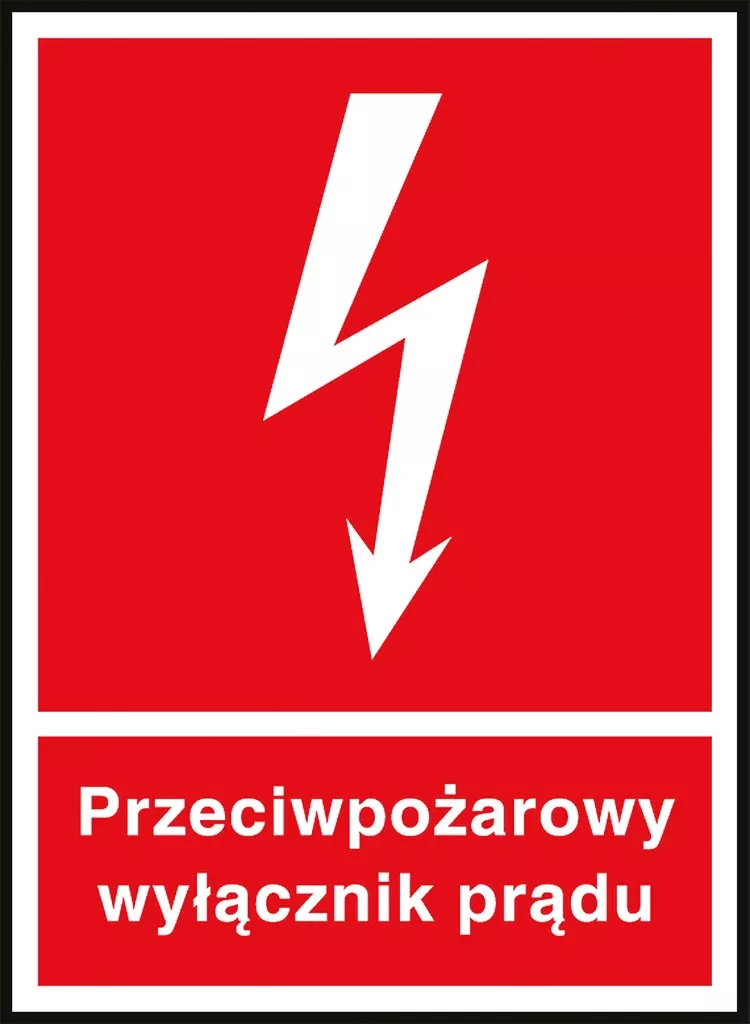Znak przeciwpożarowy informujący o lokalizacji wyłącznika prądu. Czerwone tło z białym symbolem pioruna oraz napisem „Przeciwpożarowy wyłącznik prądu”.