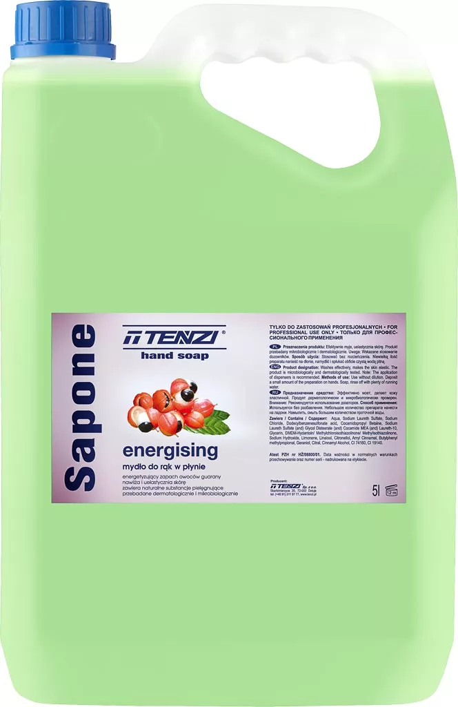 Mydło do mycia rąk SAPONE o zapachu guarany. Opakowanie 5 litrów. Produkt energizujący, marki Tenzi.