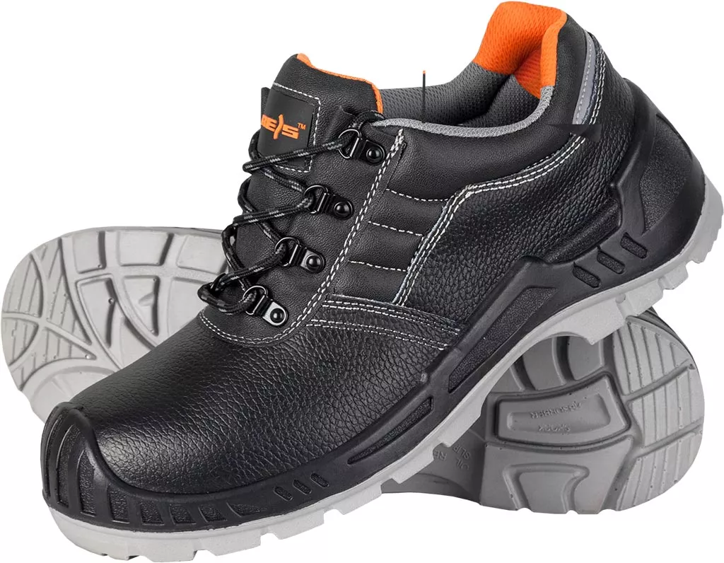 Buty robocze TITAN S3 z kompozytowym podnoskiem i wkładką, czarne z pomarańczowymi wstawkami, wyposażone w solidną, antypoślizgową podeszwę. Przeznaczone do pracy zapewniające ochronę i komfort.