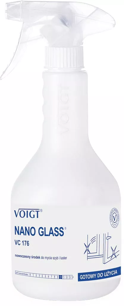Butelka środka do mycia szyb NANO GLASS VC 176 marki Voigt. Pojemnik z rozpylaczem, kolor biały, z niebieskimi akcentami i grafiką przedstawiającą strukturę chemiczną. 