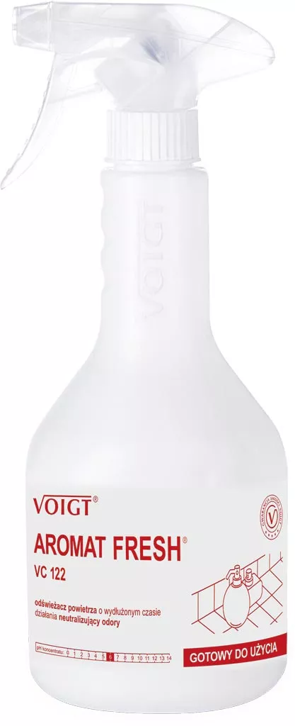 Odświeżacz powietrza marki Voigt, model AROMAT FRESH VC 122, w białej butelce z atomizerem. Na etykiecie znajduje się czerwona grafika cząsteczki i logo 