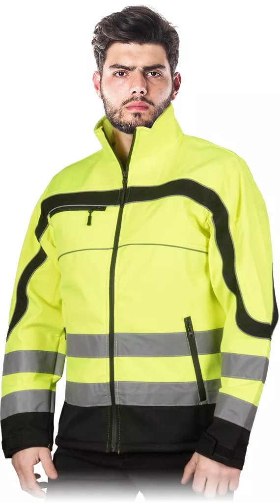 Softshell roboczy ostrzegawczy NEMO w kolorze żółtym z czarnymi wstawkami. Kurtka męska z wysokim kołnierzem, odblaskowymi pasami na rękawach i tułowiu oraz zamkami przy kieszeniach.