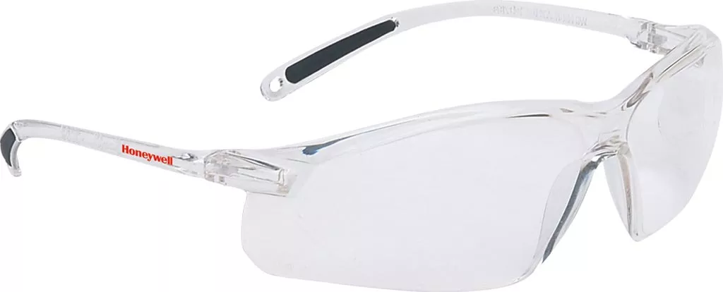 Okulary ochronne Honeywell A700 z przezroczystymi soczewkami i białą, plastikową oprawką. Posiadają gumowe zakończenia na zausznikach.