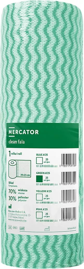 Ręcznik papierowy Clean Fala marki Mercator, kolor zielony, perforowany, zawiera 20% włókien pochodzących z recyklingu. Idealny do czyszczenia.