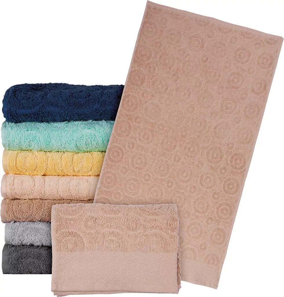 Ręcznik frotte 100% bawełna, gruby, beżowy, z delikatnym wzorem w kółka i kwiaty, rozmiar 50x90 cm, model EGYPT BE.
