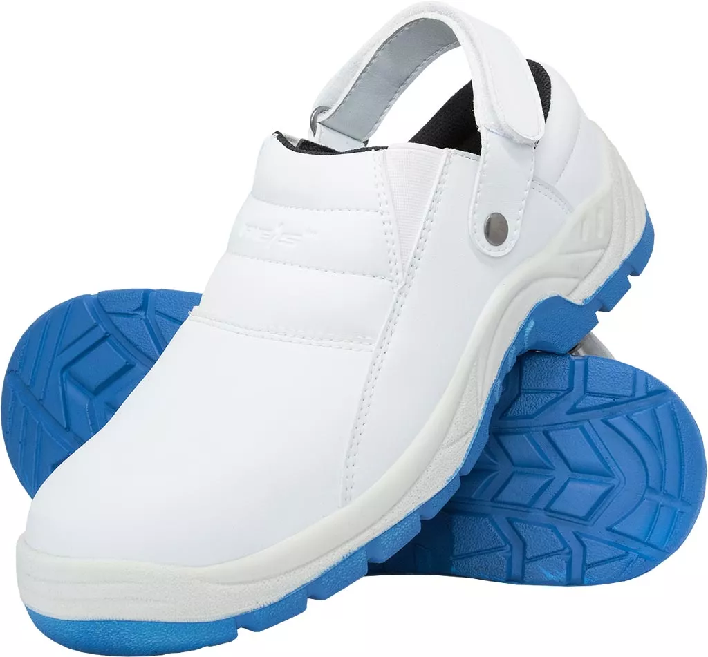 Sandały robocze FODREISBLUE SB z podnoskiem, zapinane na rzep. Buty bezpieczne, białe z niebieską, antypoślizgową podeszwą. Model FODREISBLUE-S.