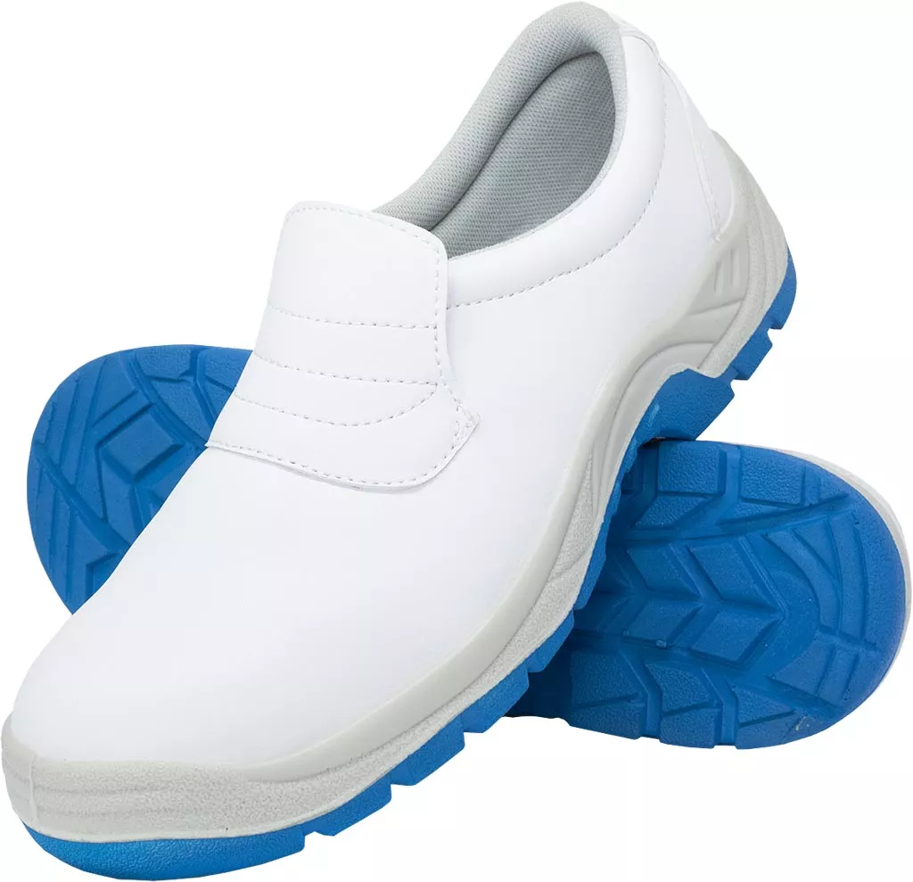 Buty robocze wsuwane FODREISBLUE SB białe z niebieską antypoślizgową podeszwą, wyposażone w stalowy podnosek, klasy bezpieczeństwa SB. Wykonane z wodoodpornego materiału, bez sznurowadeł.