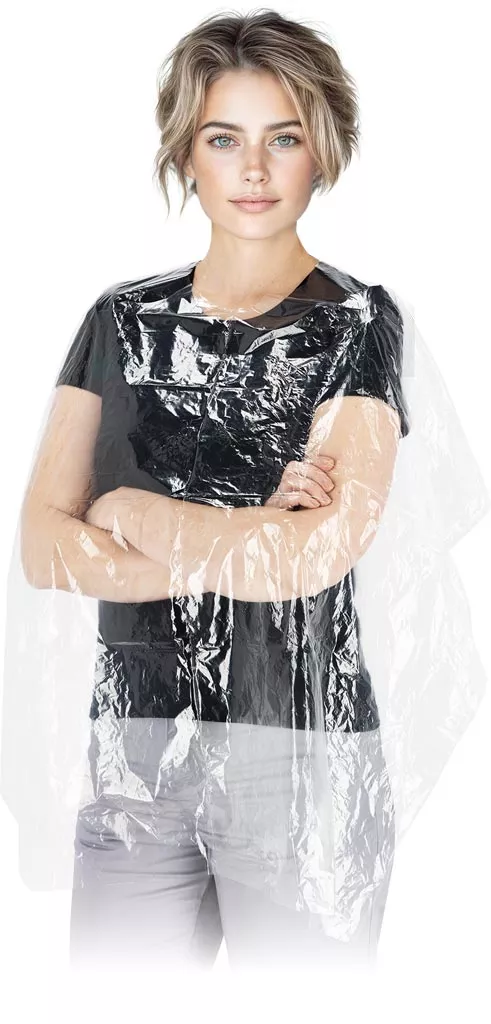 Peleryna ochronna jednorazowa, transparentna, typu CAPE FOL, wykonana z cienkiego tworzywa, zakładana na ubranie, zabezpieczająca przed zabrudzeniami.