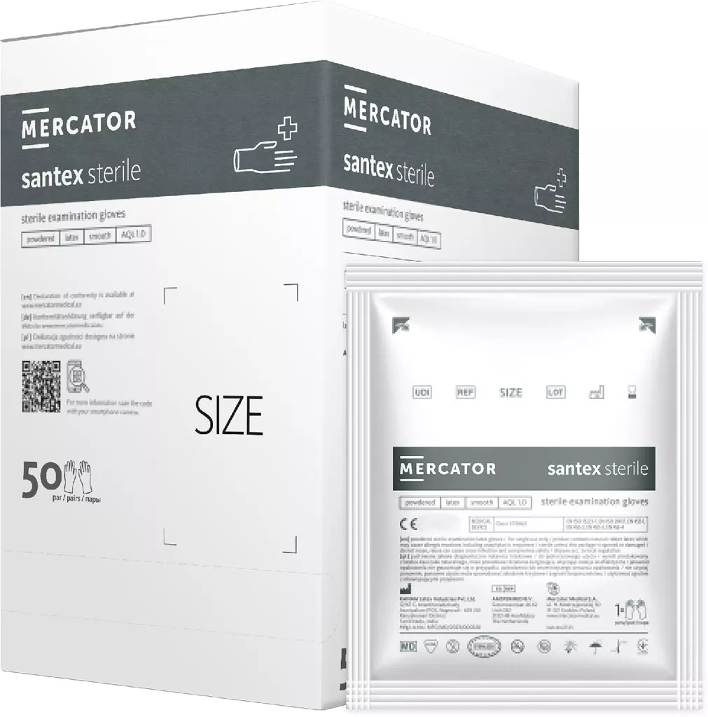 Sterylne rękawice lateksowe pudrowane santex®, opakowanie 50 par, produkt marki Mercator, dostępne różne rozmiary.