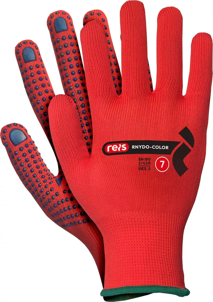 Rękawice robocze nakrapiane PCV RNYDO, model NYDO-COLOR, rozmiar 7. Czerwone, z antypoślizgowym wzorem na dłoni, wykonane z elastycznego materiału zapewniającego ochronę i komfort pracy.