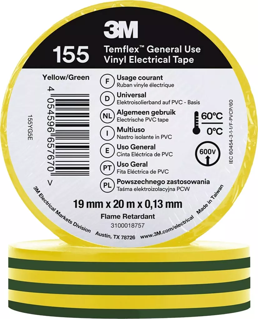 Żółto-zielona winylowa taśma elektroizolacyjna 3M™ Temflex™ 155, szerokość 19 mm, długość 20 m, grubość 0,13 mm, odporna na płomień, przeznaczona do użytku ogólnego, maksymalna temperatura pracy 80°C, napięcie izolacji do 600V.