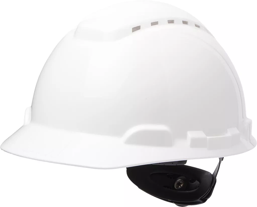 Hełm ochronny 3M H-700 wykonany z HDPE w kolorze białym, wyposażony w system regulacji obwodu głowy oraz otwory wentylacyjne, zapewniający komfort i ochronę podczas pracy.