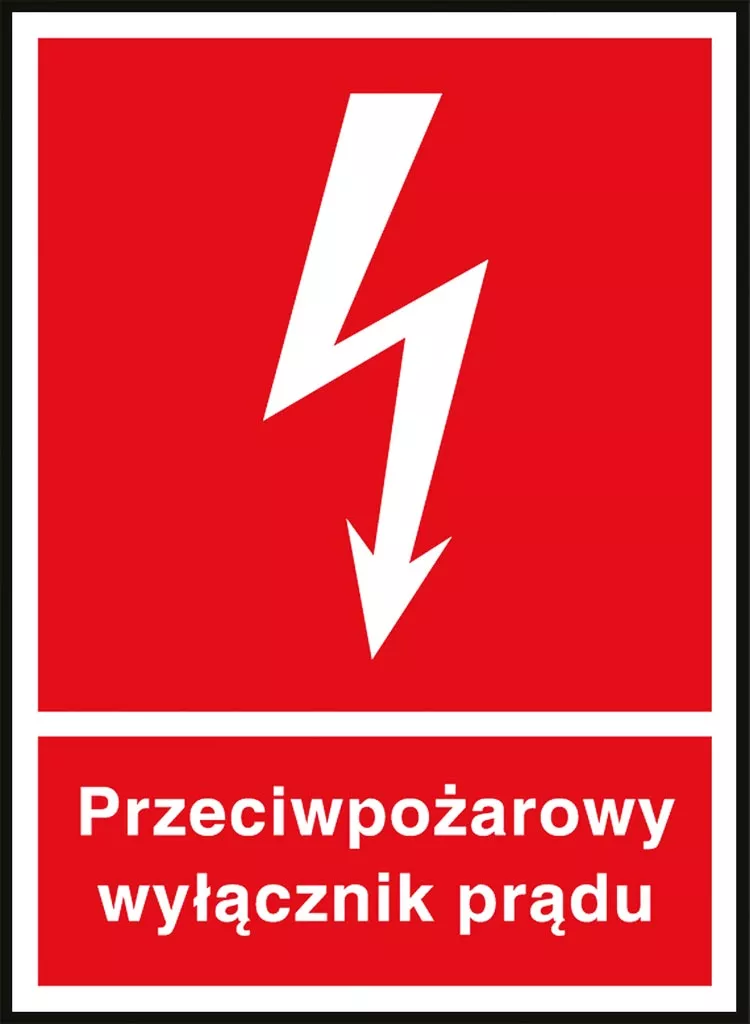 Czerwony znak bezpieczeństwa z białym piorunem i napisem 