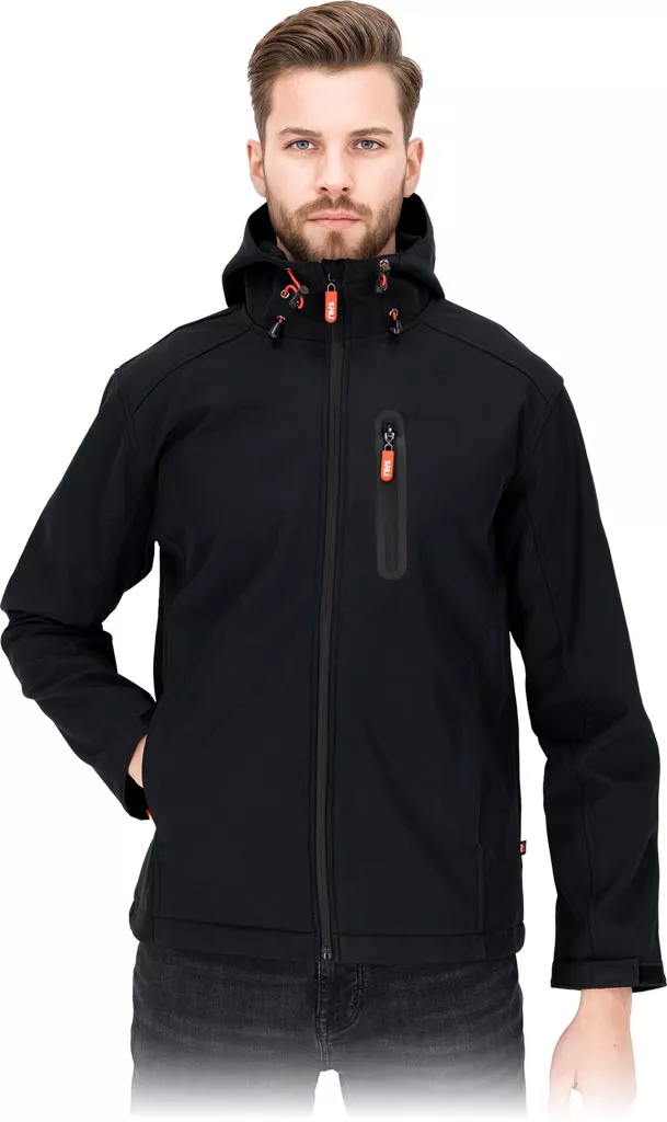 Męska kurtka softshell z kapturem ROBIN w kolorze czarnym, wyposażona w membranę, zapinana na suwak, z kieszenią na piersi i regulowanym kapturem.
