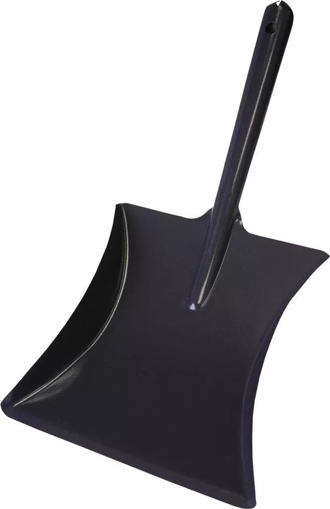 Szufelka metalowa malowana na czarno, z długim, prostym uchwytem również w kolorze czarnym.