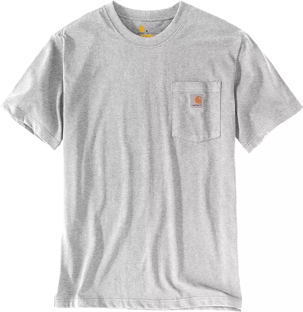 T-shirt męski w kolorze szarym z krótkimi rękawami. Ma prosty krój oraz małą, naszywaną kieszonkę na piersi z pomarańczowym logo.