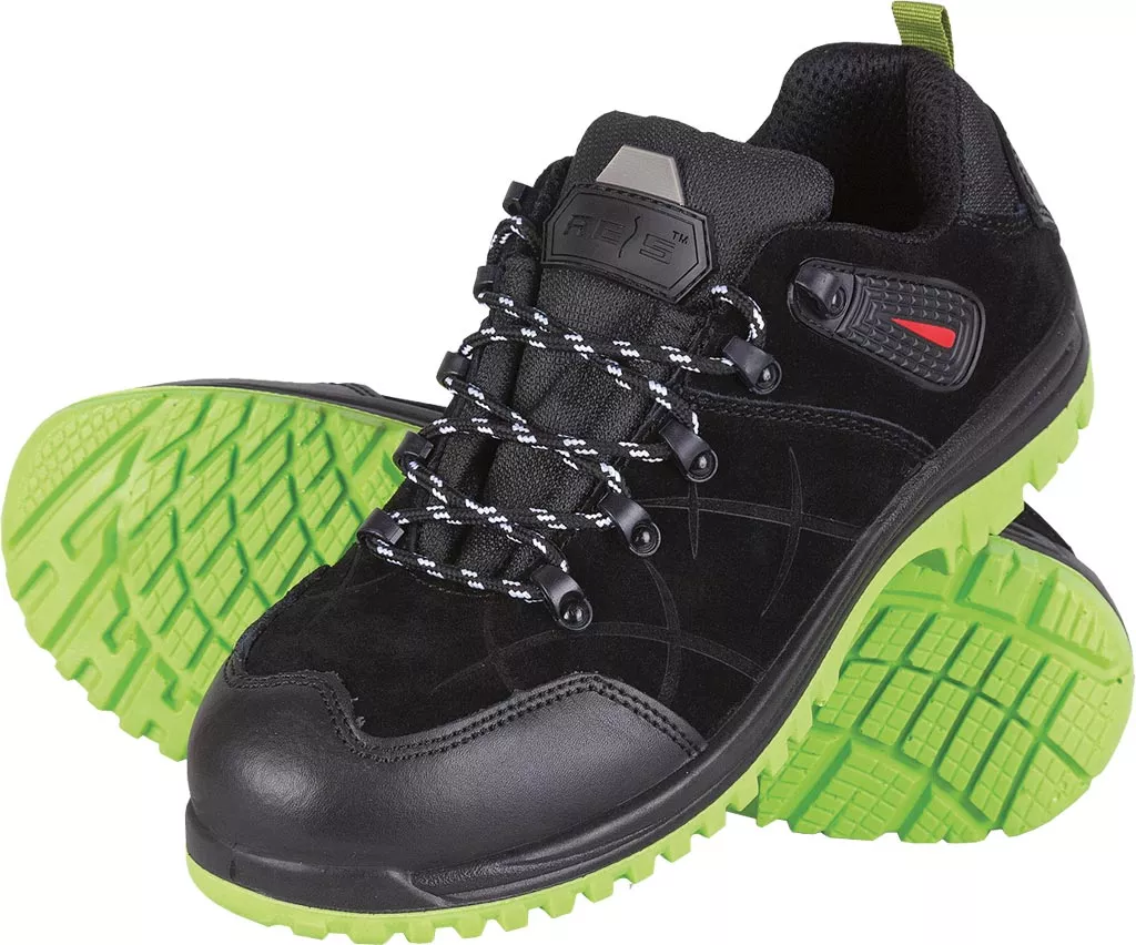 Buty robocze BLACKFIELD S1P z kompozytowym podnoskiem i wkładką, czarne z zieloną podeszwą, sznurowane, przeznaczone do użytku bezpiecznego.