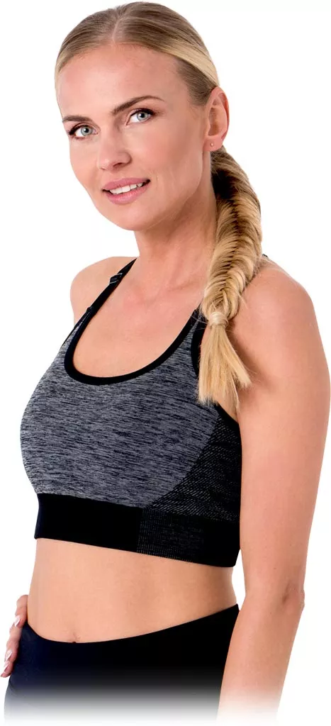 Elastyczny biustonosz sportowy SPORTS-BRA w szaro-czarnym kolorze, z regulowanymi ramiączkami i szerokim pasem pod biustem, zapewniającym wygodne dopasowanie.
