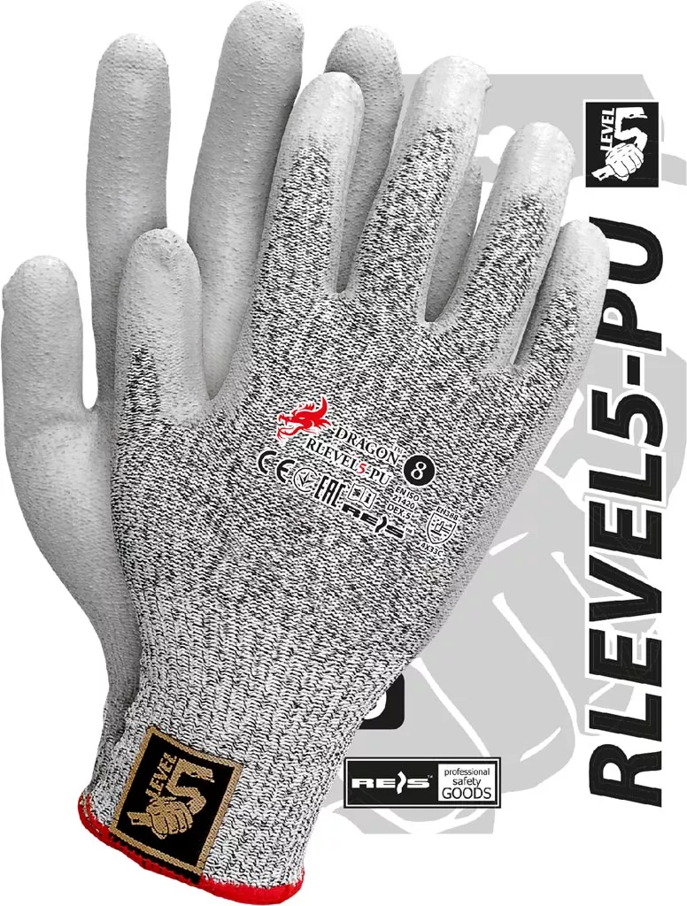 Rękawice robocze antyprzecięciowe RLEVEL5-PU w kolorze szarym, z powłoką poliuretanową na dłoni. Oferują ochronę na poziomie 5 przed przecięciami. Model oznaczony jako LEVEL5-PU.
