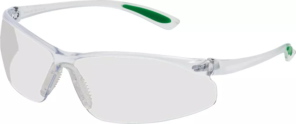 Okulary ochronne FEATHER FIT mają przezroczyste soczewki i lekki, biały plastikowy stelaż z zielonymi detalami na zausznikach.