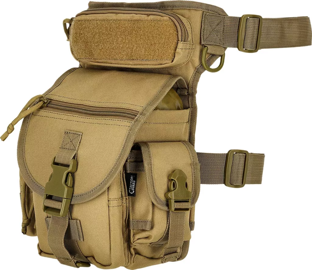 Saszetka biodrowa taktyczna Tactical Guard LEG BAG w kolorze beżowym, z kilkoma kieszeniami zapinanymi na klamry i zamki. Wzmocniona, regulowane paski do mocowania na udzie i talii.