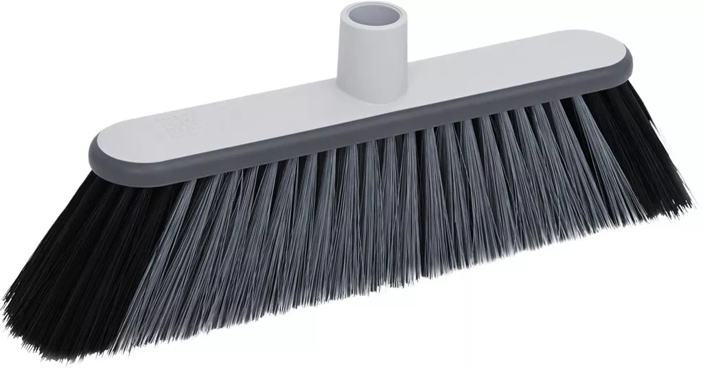 Miotła U-COLLECT ma szarą, plastikową szczotkę z czarnymi włosiami i białym uchwytem na kija.