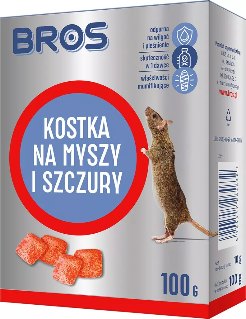 Opakowanie kostek na myszy i szczury marki Bros, o wadze 100g. Produkt jest przedstawiony jako skuteczny środek zwalczający gryzonie, z grafiką szczura i kostek produktu.