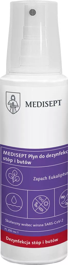 Płyn do dezynfekcji stóp i butów MEDISEPT, o przyjemnym zapachu eukaliptusa. Dedykowany do dezynfekcji skóry i obuwia, zapewnia skuteczną ochronę przed drobnoustrojami. Opakowanie z atomizerem.