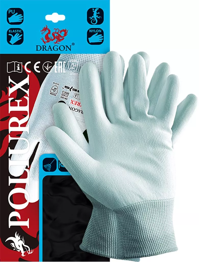 Rękawice robocze powlekane poliuretanem POLIUREX, zapewniające ochronę dłoni. Przeznaczone do prac wymagających precyzji i wytrzymałości. Produkt marki Dragon, rozmiar 10.