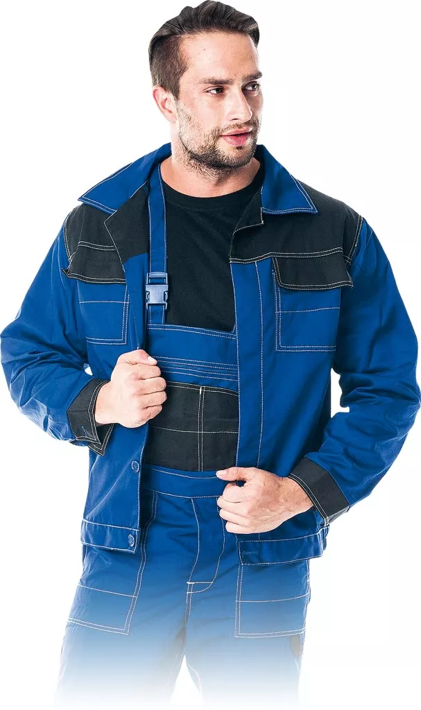 Niebieska męska bluza robocza Multi Master z czarnymi wstawkami, zapinana na guziki, z wieloma kieszeniami i wzmocnieniami na ramionach oraz rękawach.