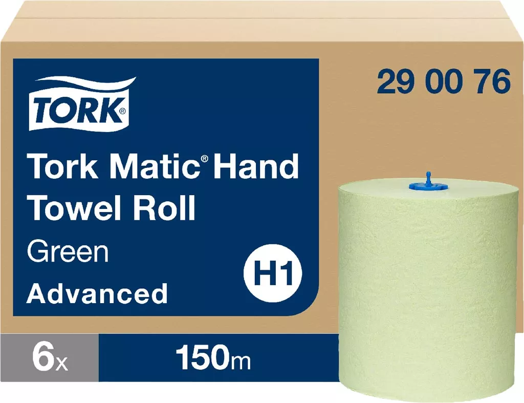 Ręcznik w rolce do dozownika Tork Matic, kolor zielony, zaawansowany, 150 m długości, opakowanie zawiera 6 rol. Model H1.