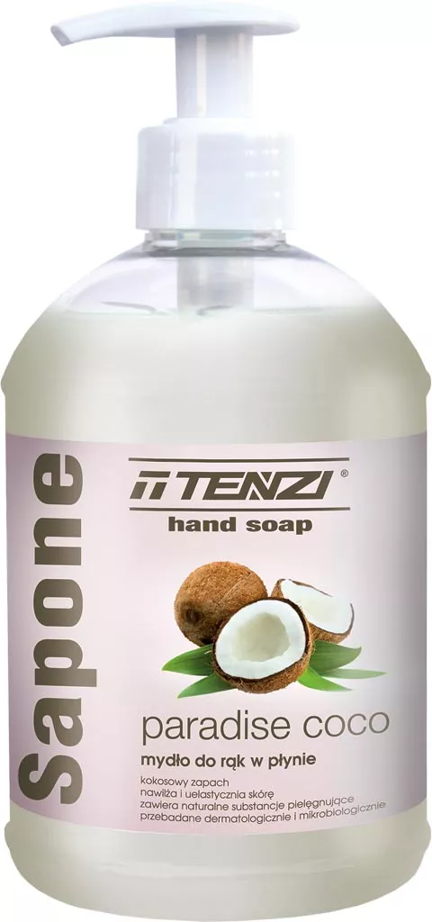 Mydło do mycia rąk Tenzi Sapone o zapachu kokosa, płynne, w butelce z pompką, o pojemności 500 ml.
